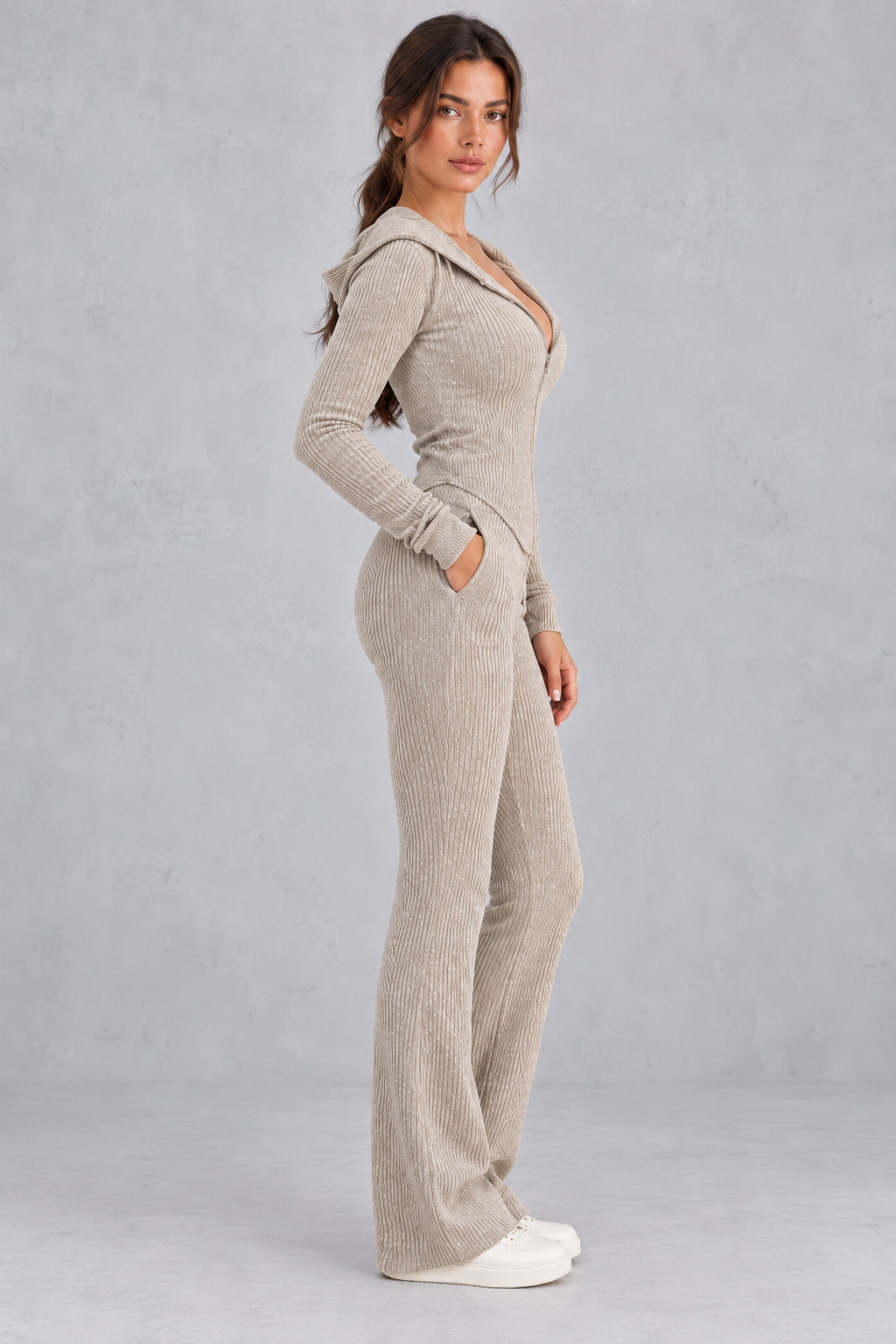 Back view of the fitted ribbed knit hoodie with matching hood