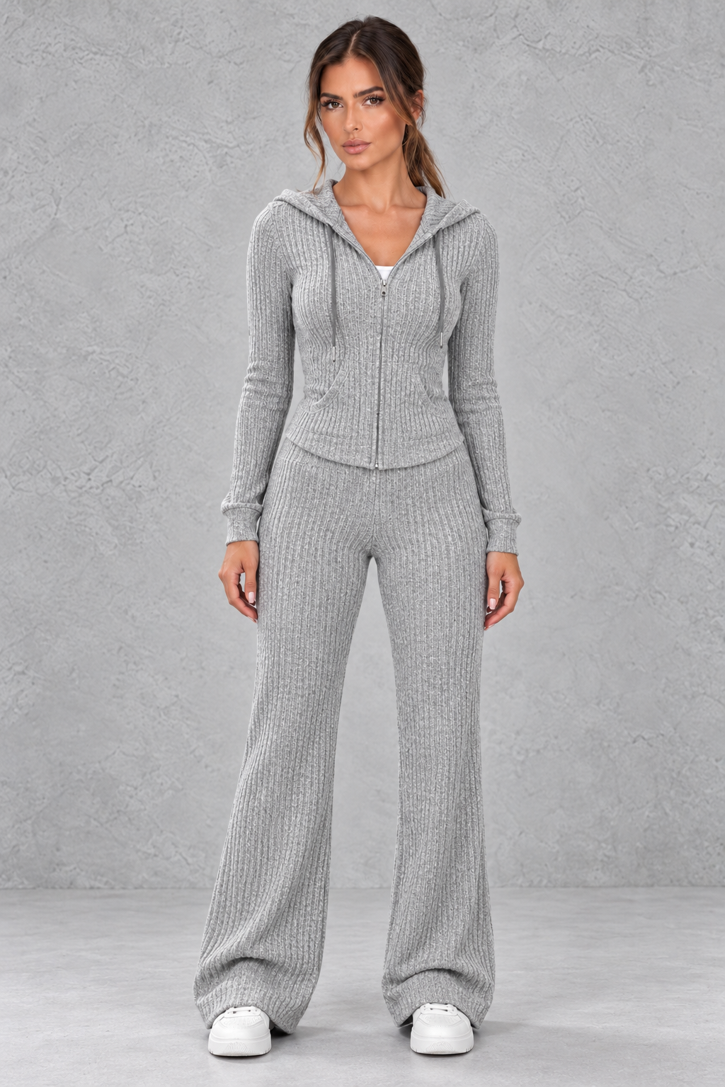 Ribbed knit matching set shown in black and gray