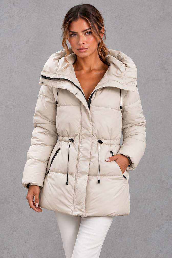 Women's mid-length hooded puffer jacket with drawstring waist, front view