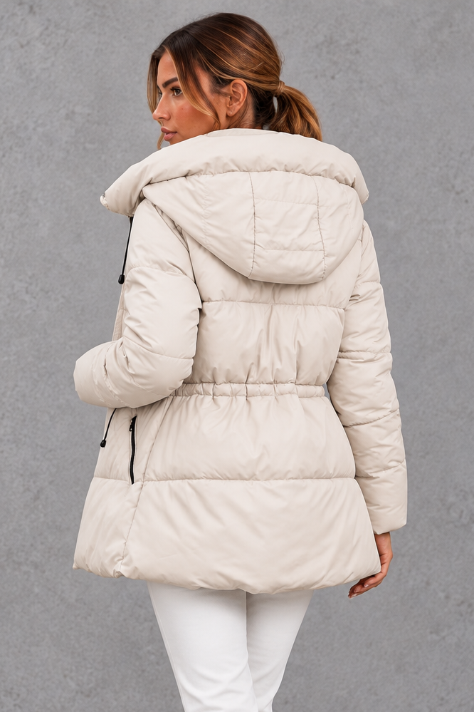 Drawstring waist with cord stoppers cinched on the puffer jacket