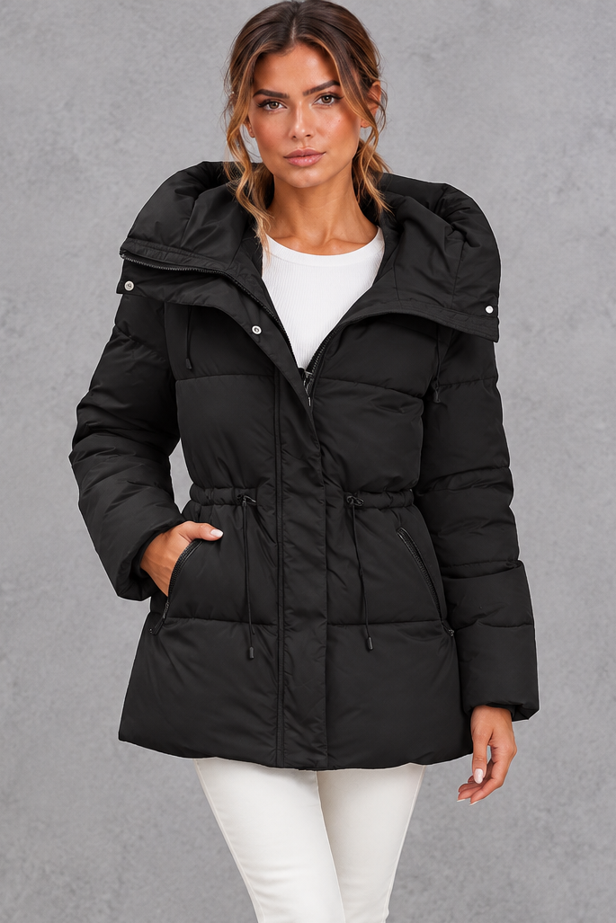 Side view showing the mid-thigh length of the padded jacket