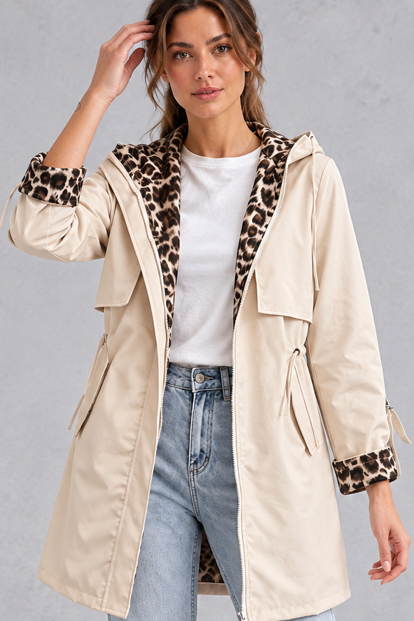 Close-up of the leopard print lined hood with drawcord