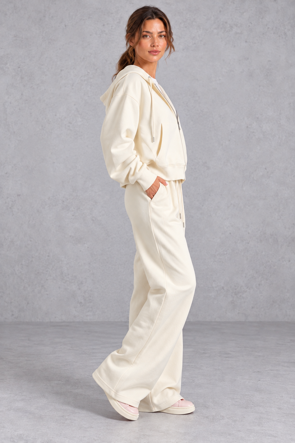 Back view of the boxy cropped hoodie and joggers