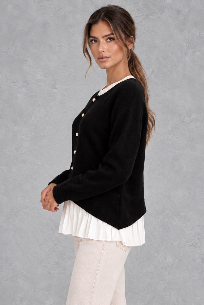 Layered cardigan with white pleated hem in black