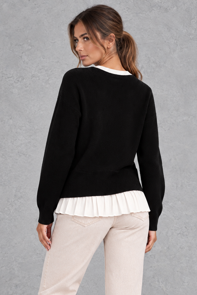 2-in-1 knit cardigan styled with tailored pants