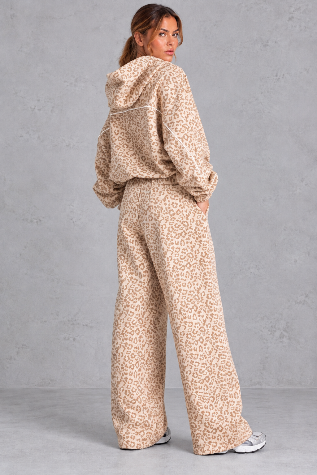 Back view of the leopard print pullover hoodie and joggers