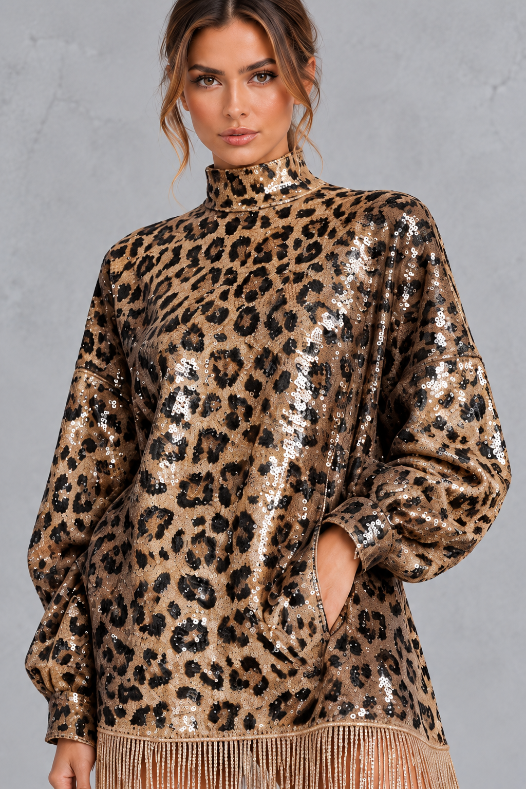Close-up of sparkling leopard sequins and tassel detail