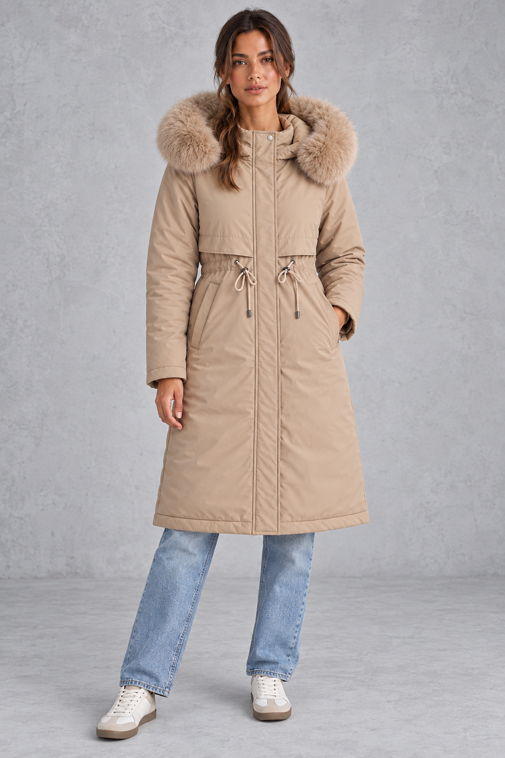 Women's long hooded winter parka with faux fur trim, plush lining and adjustable drawstring waist