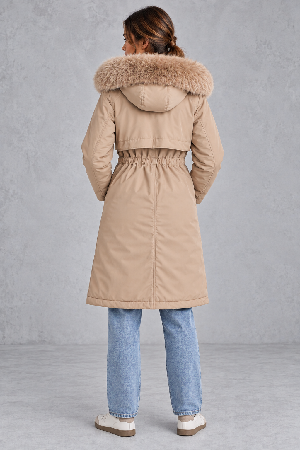 Women's faux fur hooded winter parka with drawstring waist detail