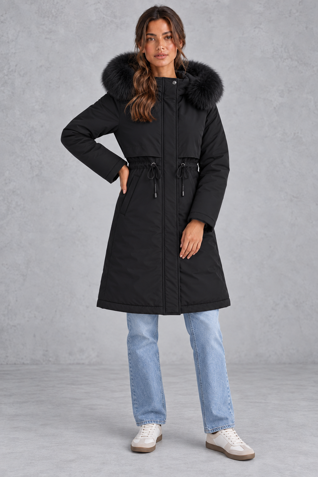 Close-up of the faux fur hood trim on a women's winter parka