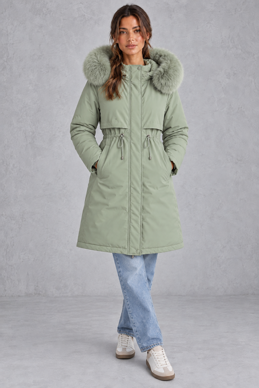 Women's long winter parka with plush lining styled for everyday wear