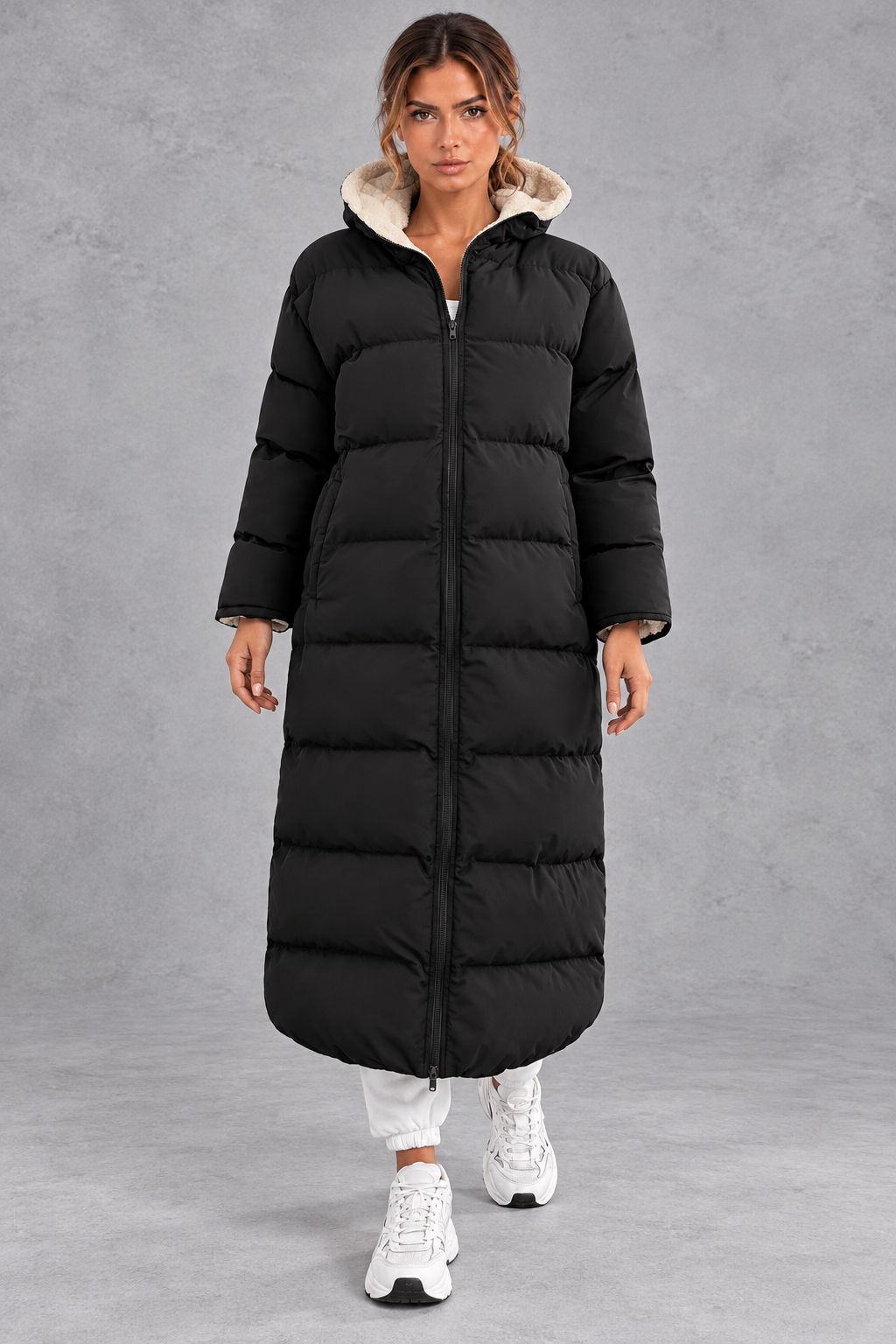 Women's Long Hooded Puffer Coat – Black