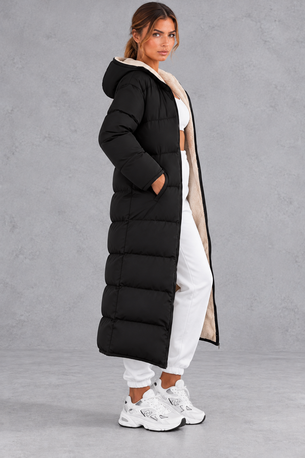 Women's Long Hooded Puffer Coat – Black