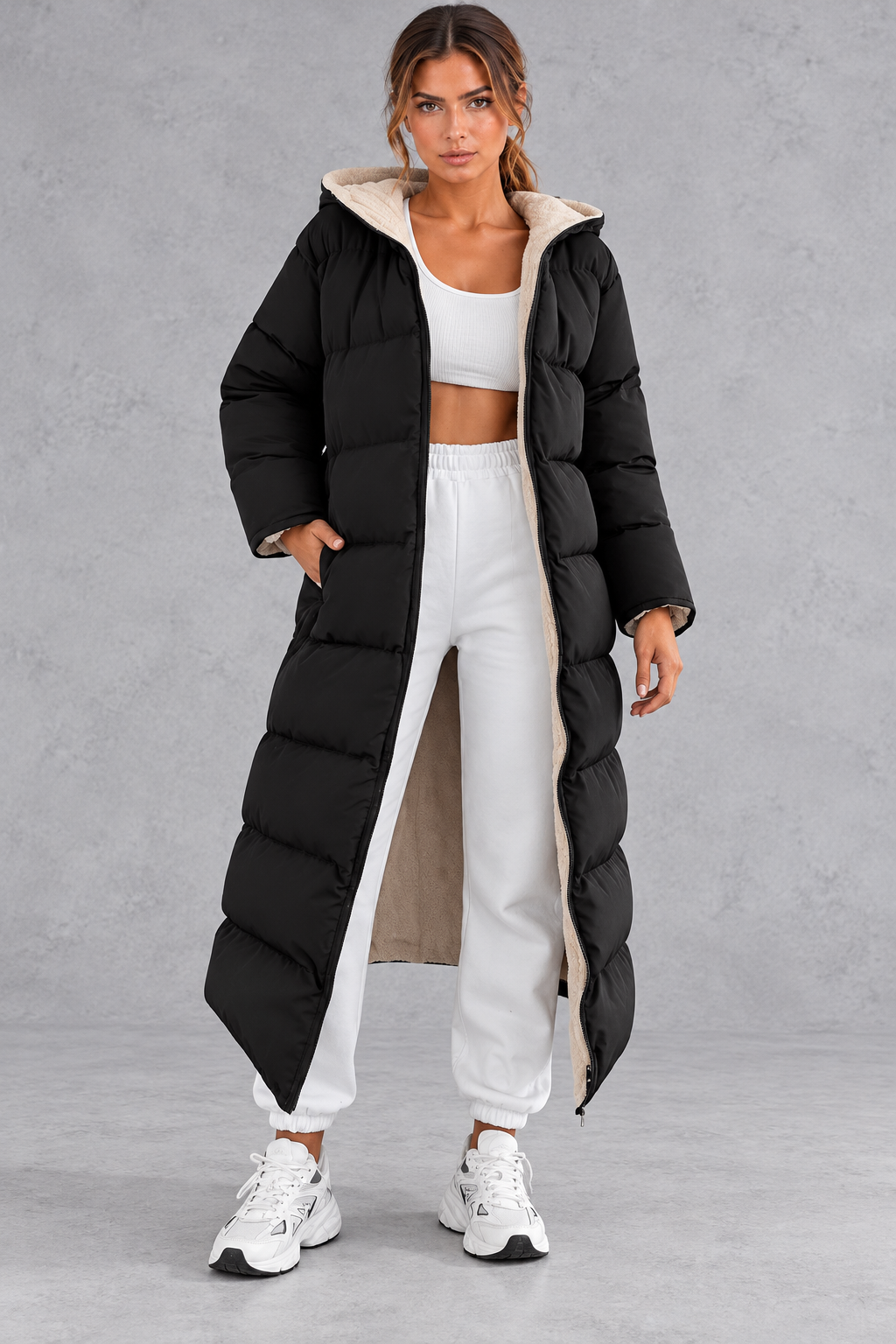 Women's Long Hooded Puffer Coat – Black
