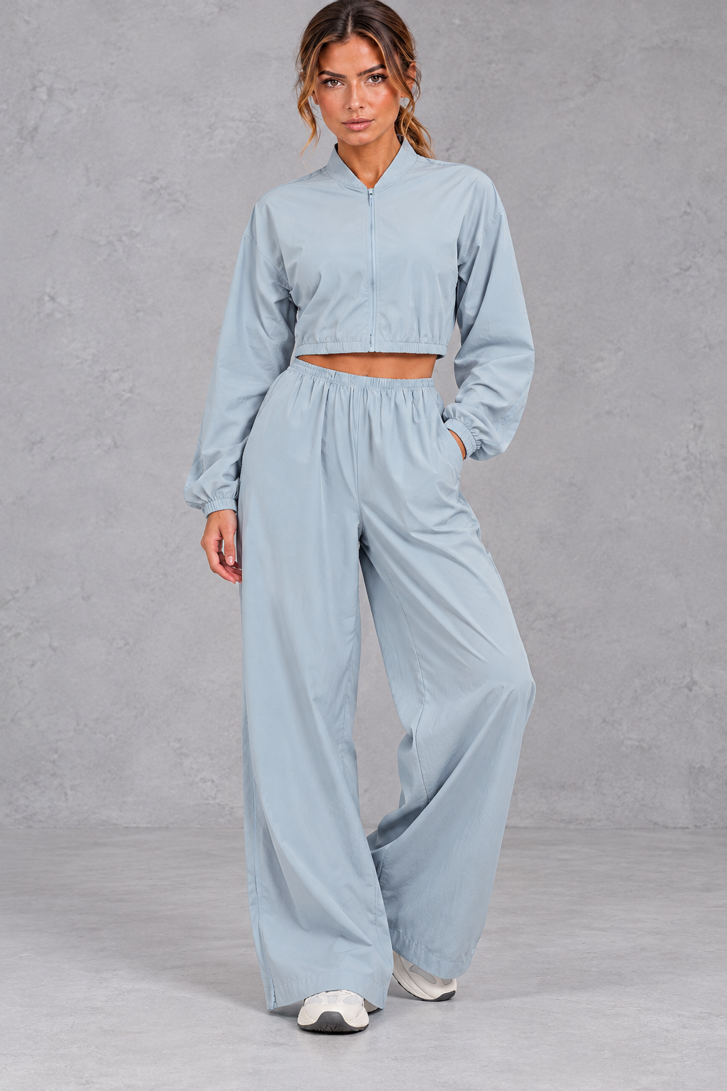 Two-piece workout set styled for a casual walk