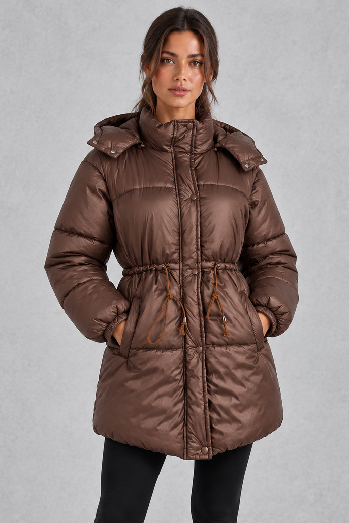 Women's longline puffer coat with padded hood, front view