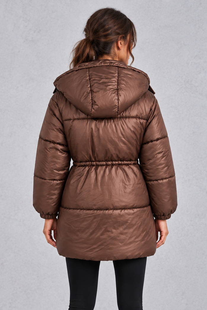 Longline puffer coat styled with drawstring waist cinched