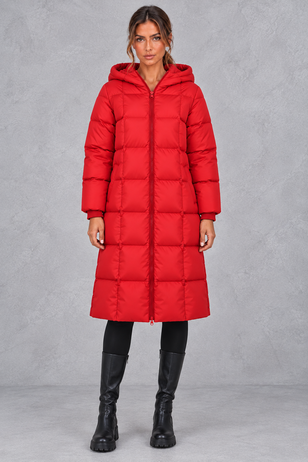 Longline hooded puffer coat shown in brown, black, khaki and red