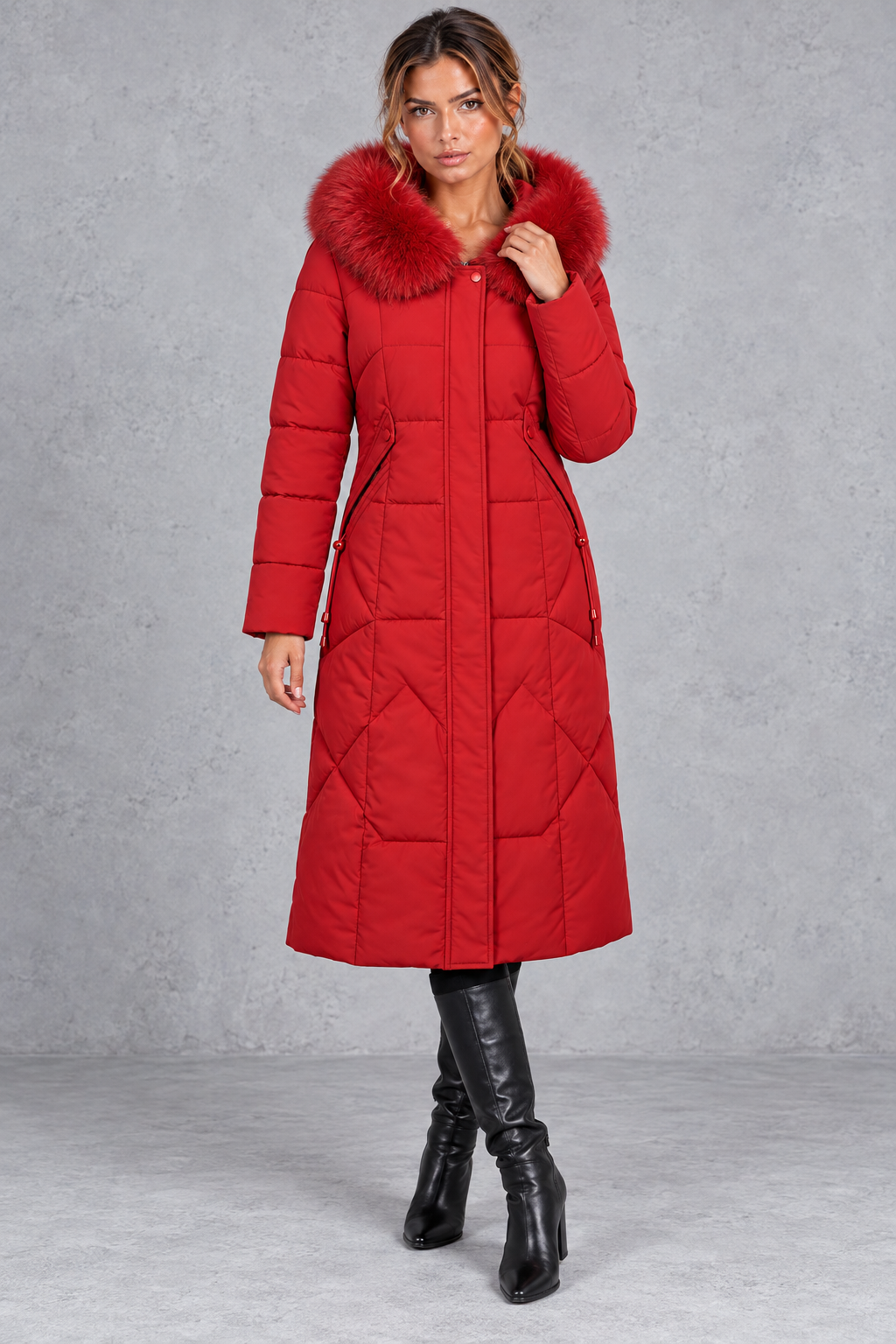 Women's Longline Quilted Puffer Coat – Red