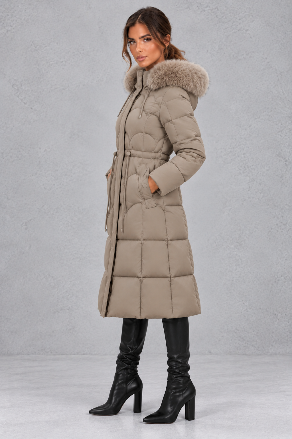 Back view of longline quilted puffer coat with hood