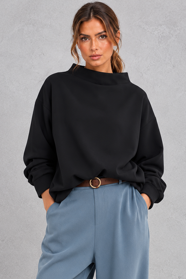 Close-up of classic roll neckline