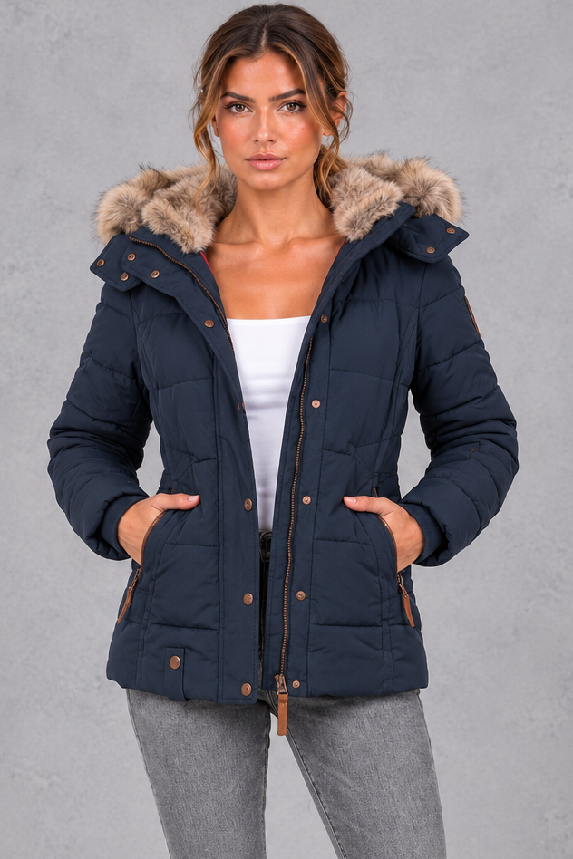 Women's Mid-Thigh Quilted Puffer Coat – Navy Blue