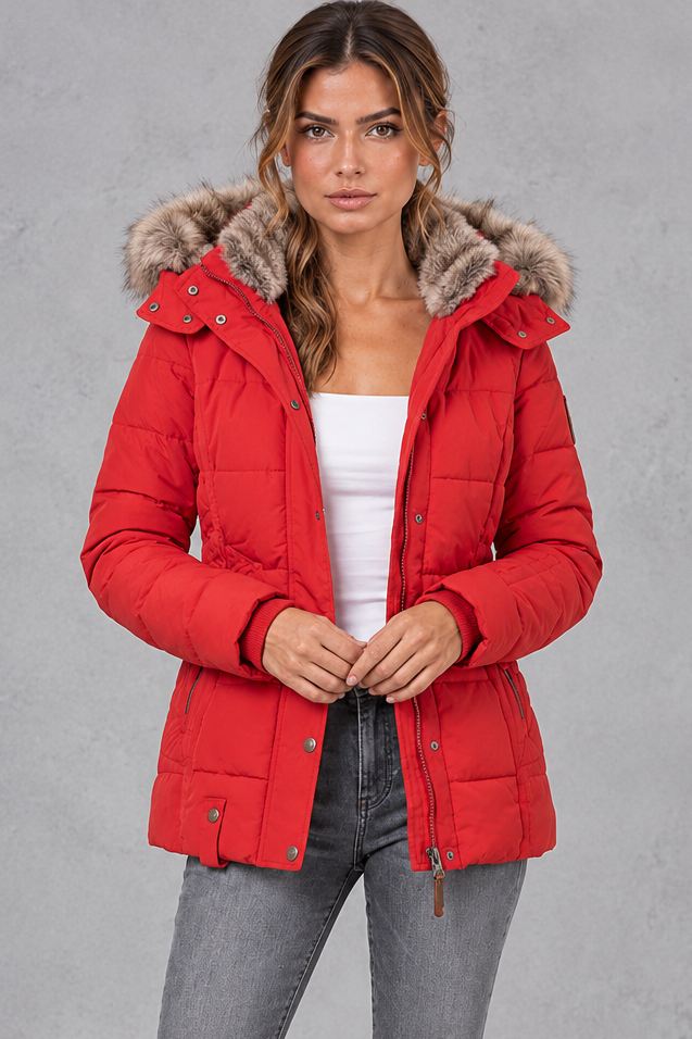 Women's Mid-Thigh Quilted Puffer Coat – Red