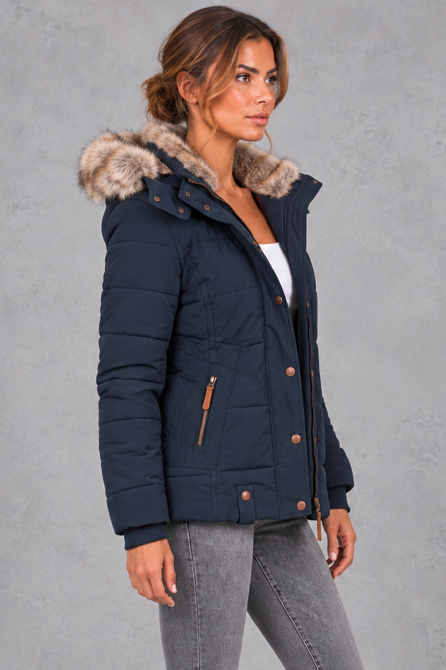 Women's Mid-Thigh Quilted Puffer Coat – Navy Blue