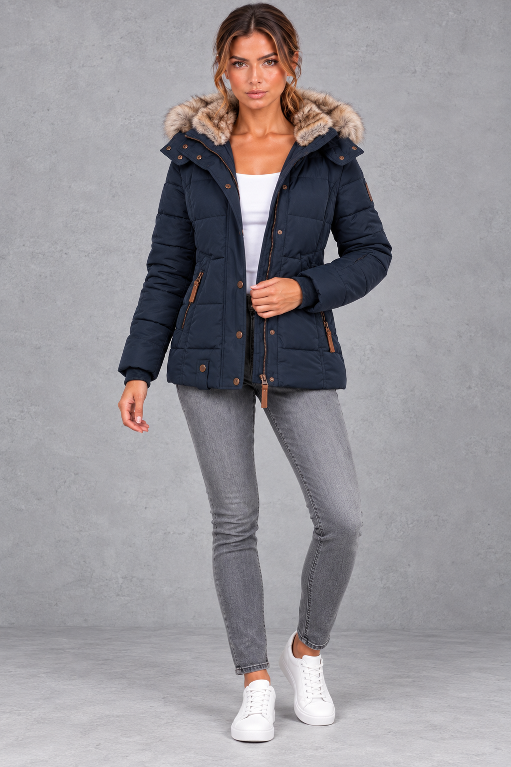 Women's Mid-Thigh Quilted Puffer Coat – Navy Blue