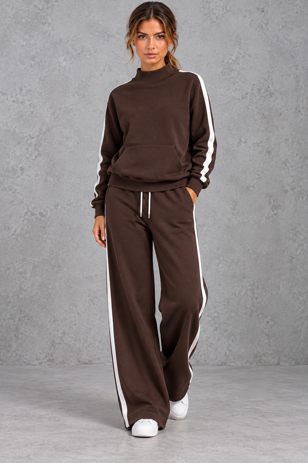 Women's mock neck side stripe tracksuit with wide leg pants, front view
