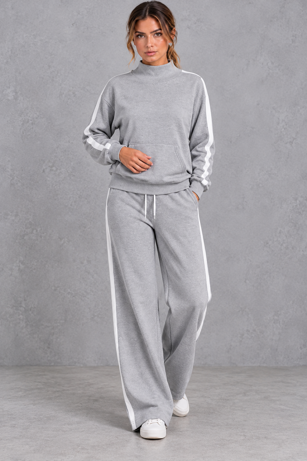 Contrast stripe detail along the sweatshirt sleeve