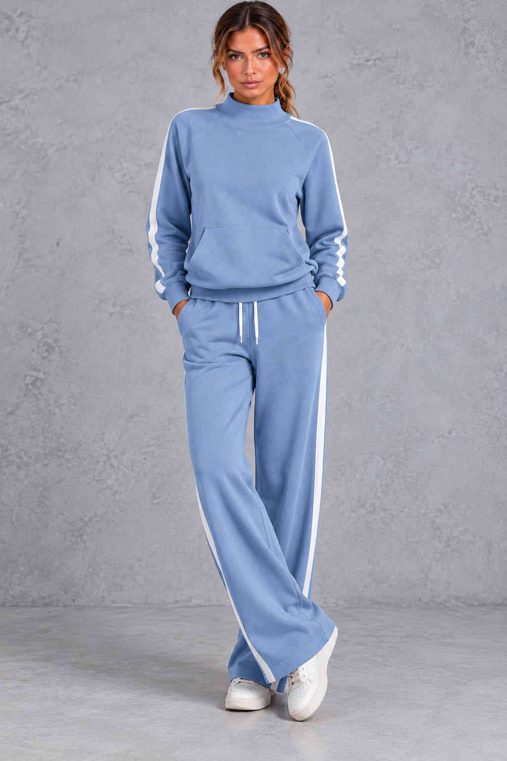 Side stripe tracksuit styled with sneakers for a casual day out