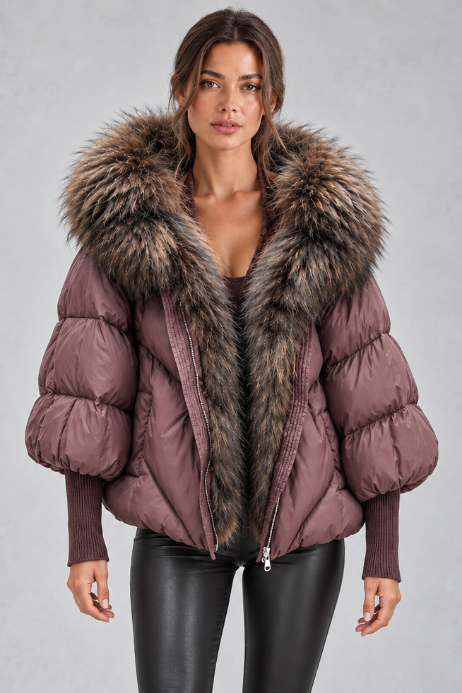 Women's oversized puffer jacket with faux fur hood, front view
