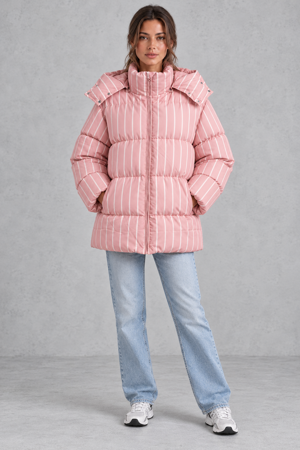 Oversized striped puffer jacket shown in pink