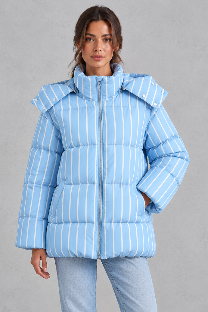Oversized striped puffer jacket shown in light blue