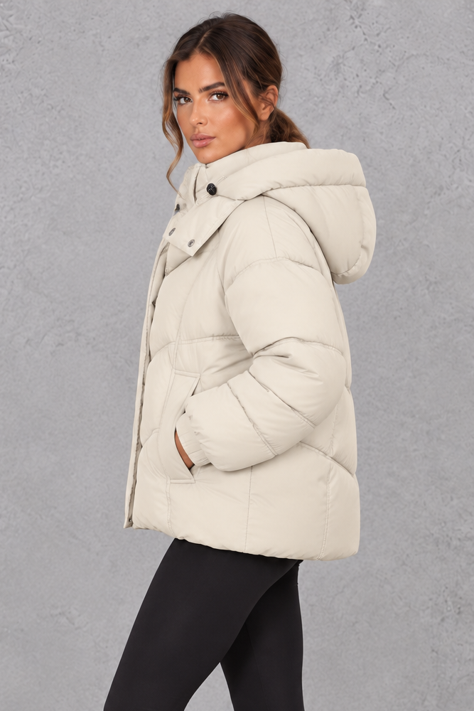 Back view of hooded quilted puffer jacket