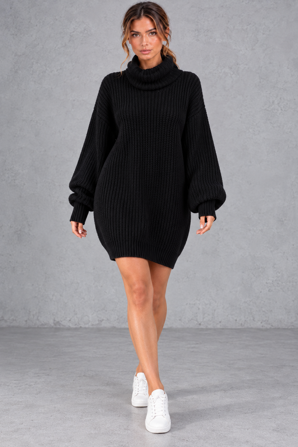Women's Oversized Turtleneck Sweater Dress – Long Sleeve Distressed Knit