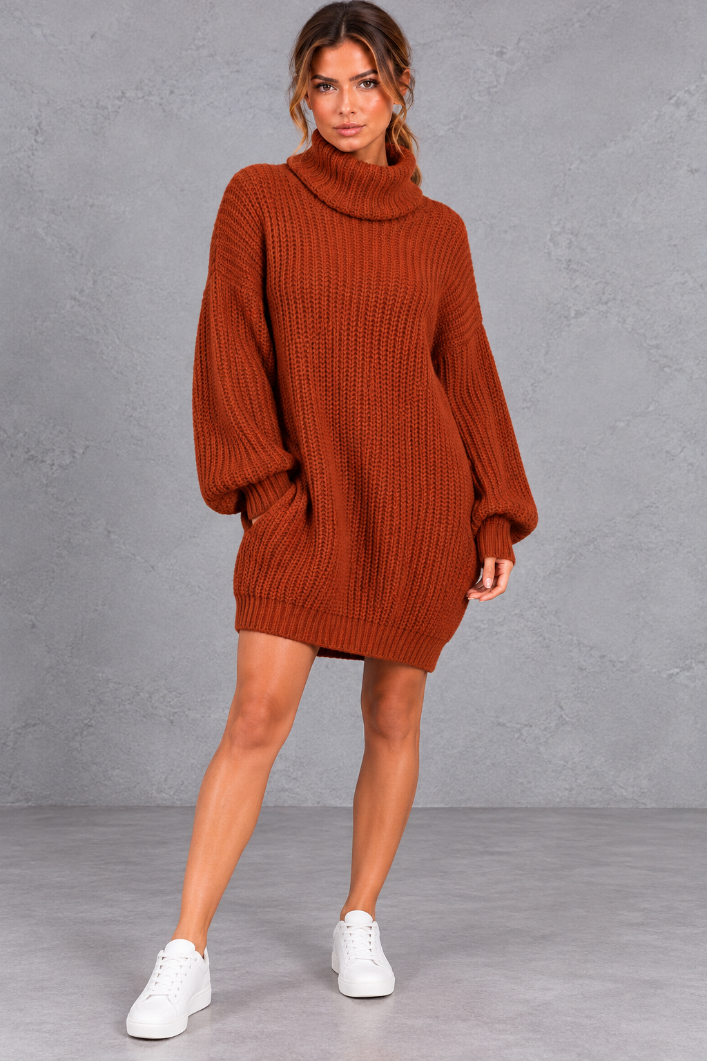 Women's Oversized Turtleneck Sweater Dress – Long Sleeve Distressed Knit