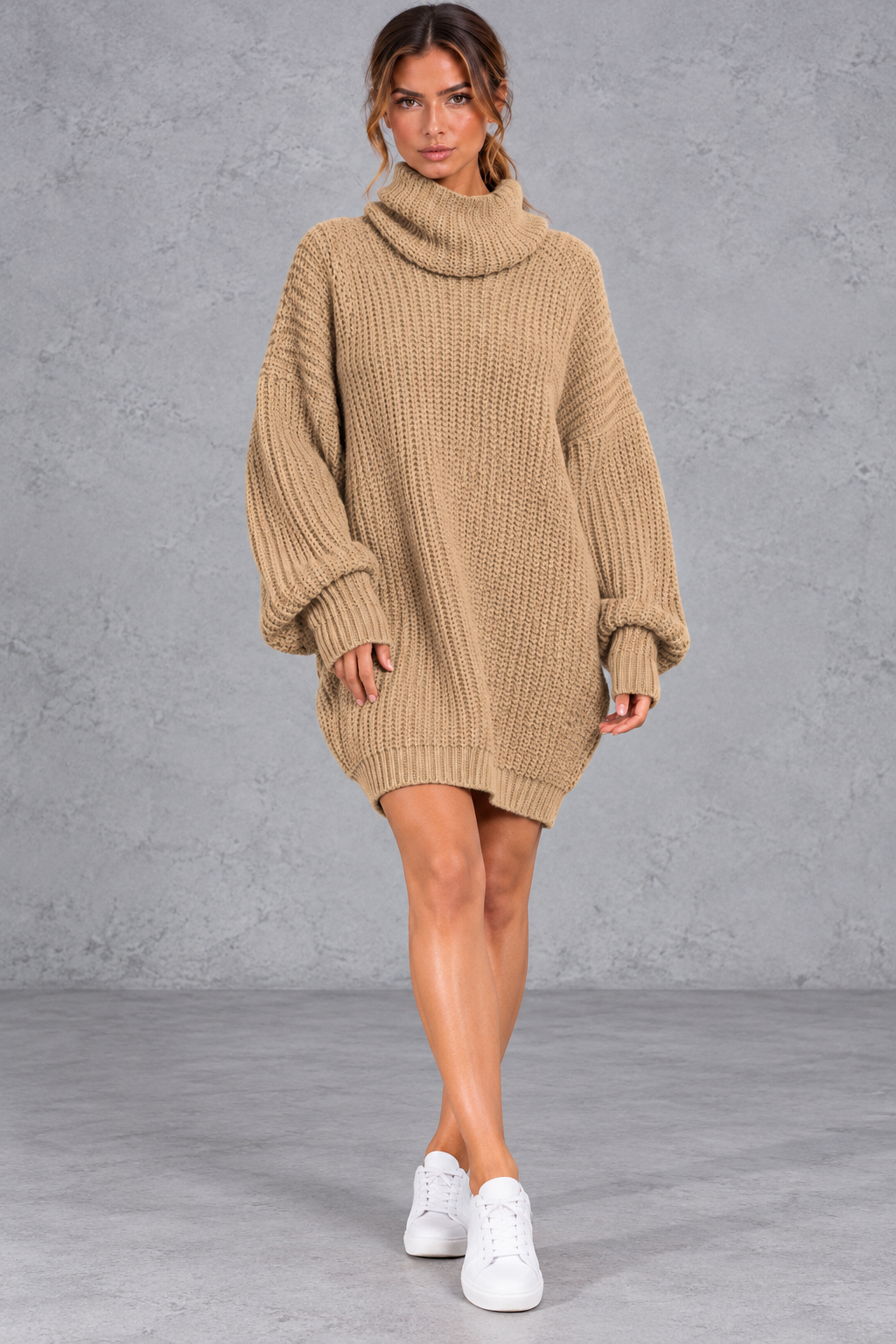 Women's Oversized Turtleneck Sweater Dress – Long Sleeve Distressed Knit