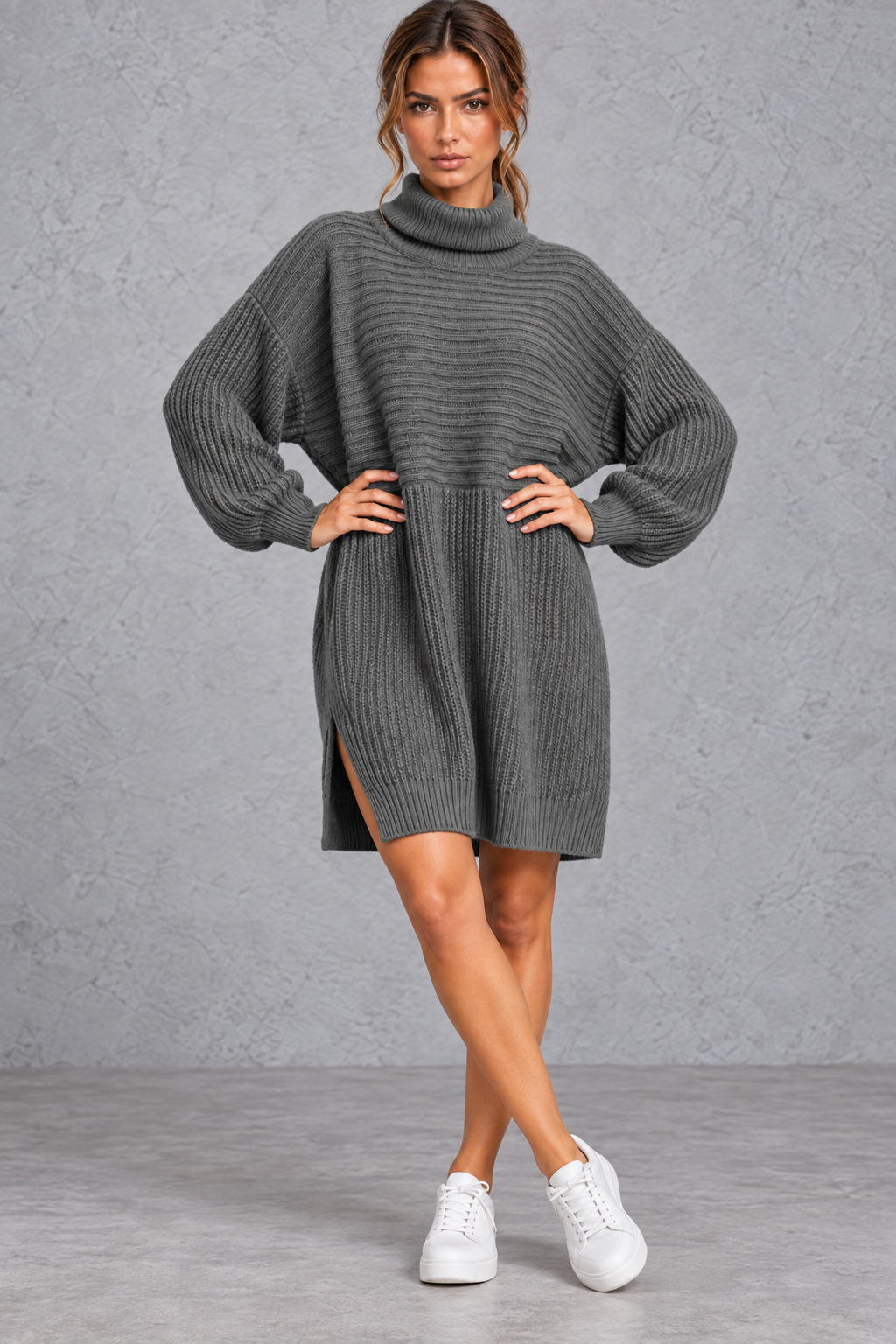 Women's plus size sweater dress with full long sleeves, side view