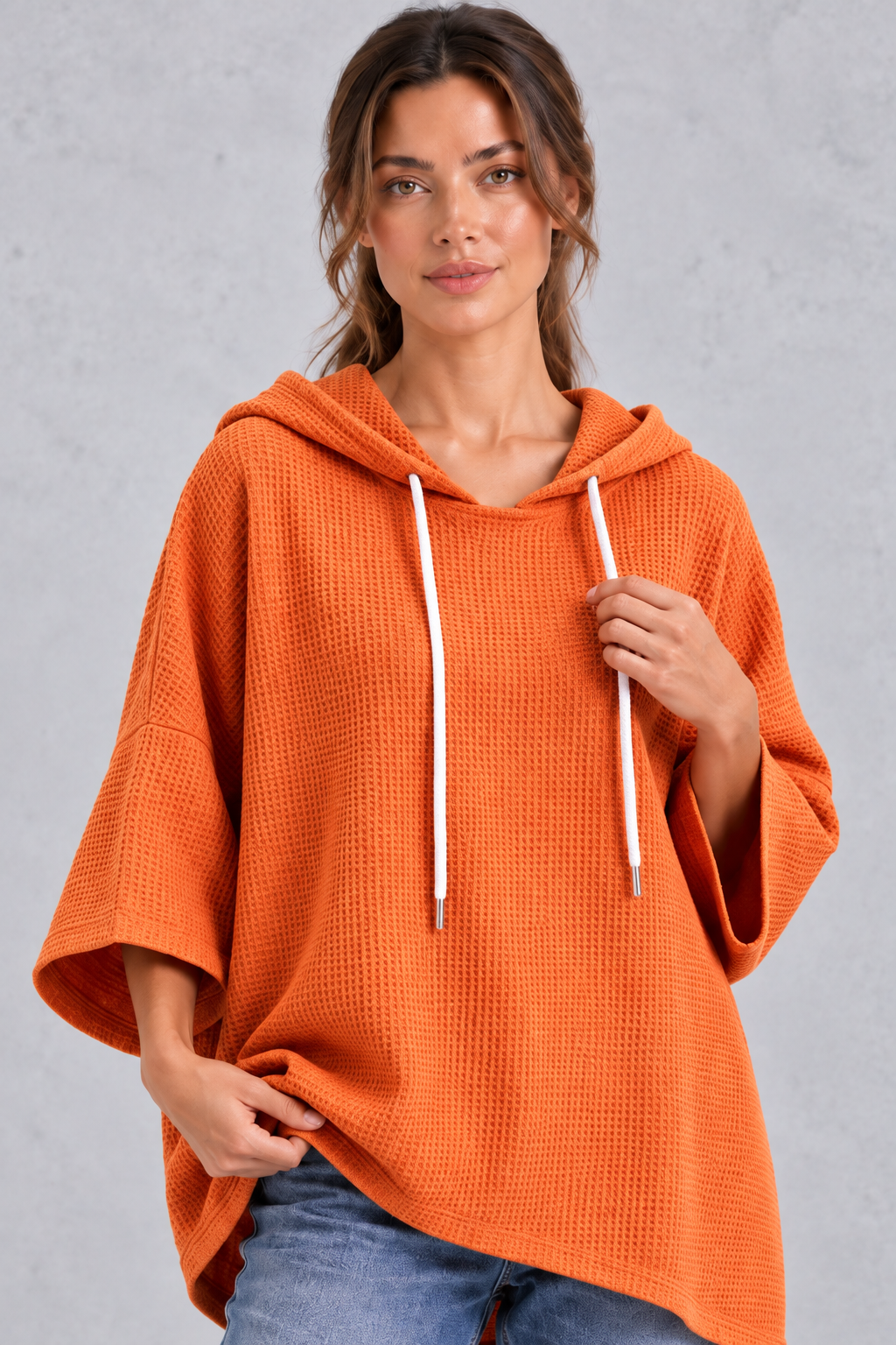 Plus size waffle knit hoodie in orange