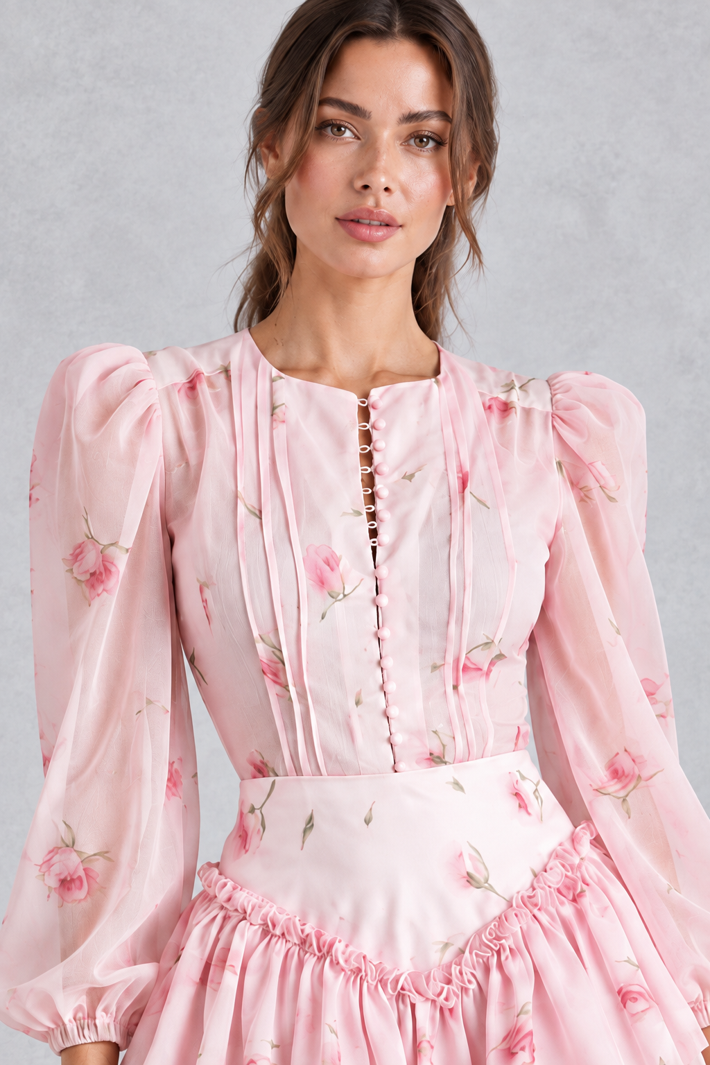 Women's ruffled floral dress with long lantern sleeves for Thanksgiving gatherings.