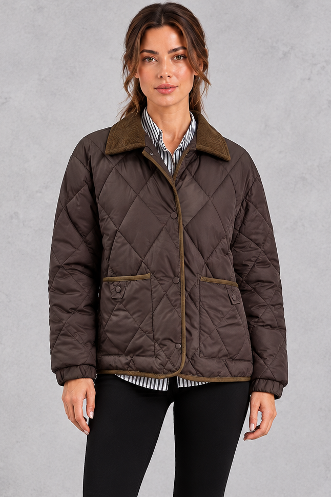 Women's diamond quilted padded jacket with contrast cord collar, front view