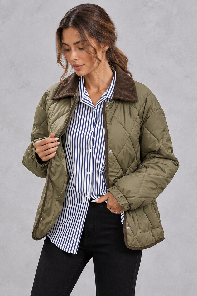 Side view of the women's quilted jacket with dropped shoulders