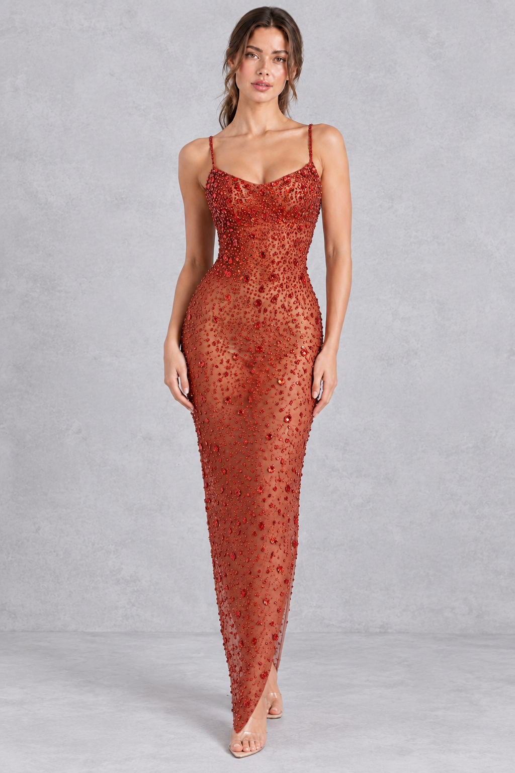 Women's rhinestone embellished dress with zip closure for cocktail hour.