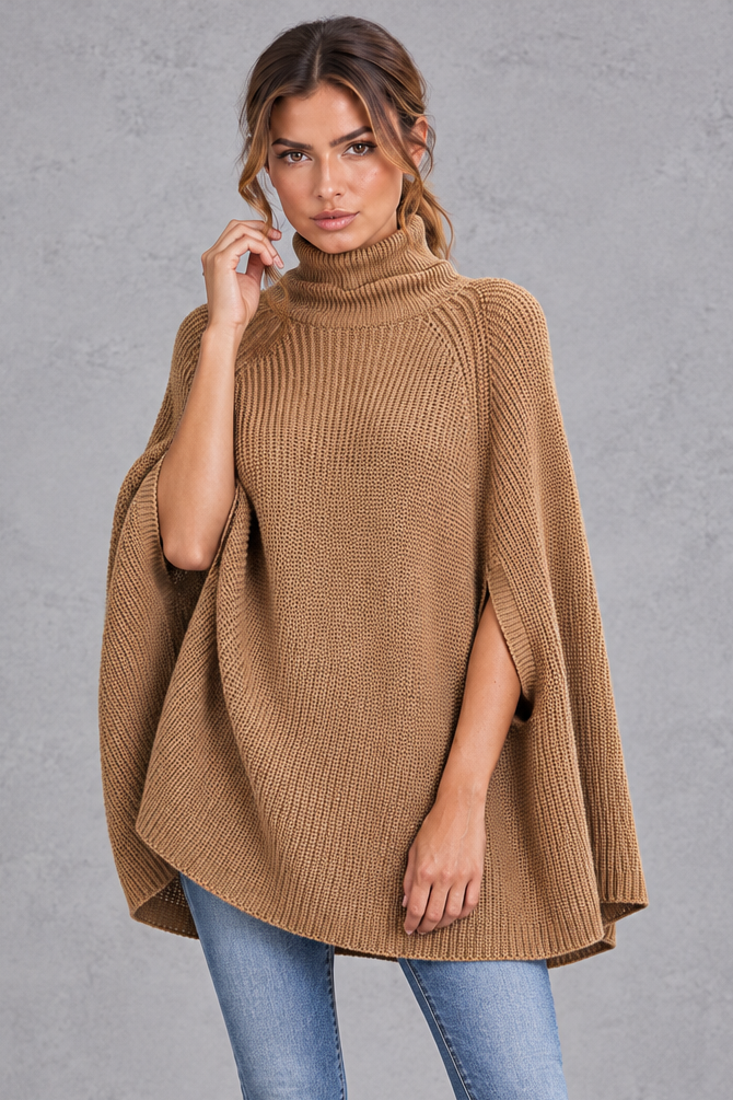 Women's Ribbed Turtleneck Cape Sweater – Camel