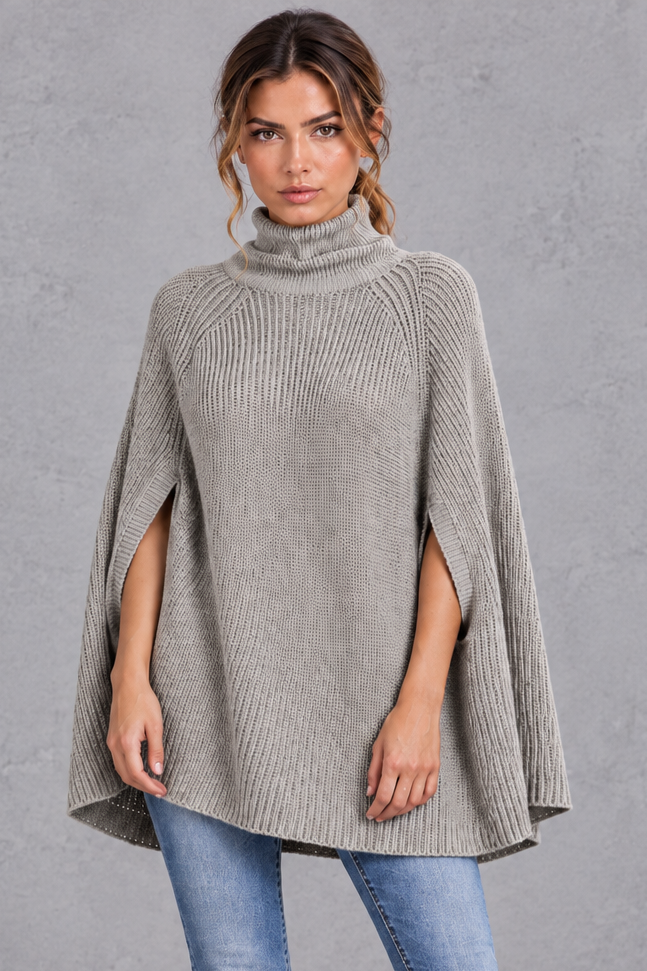 Women's Ribbed Turtleneck Cape Sweater – Gray