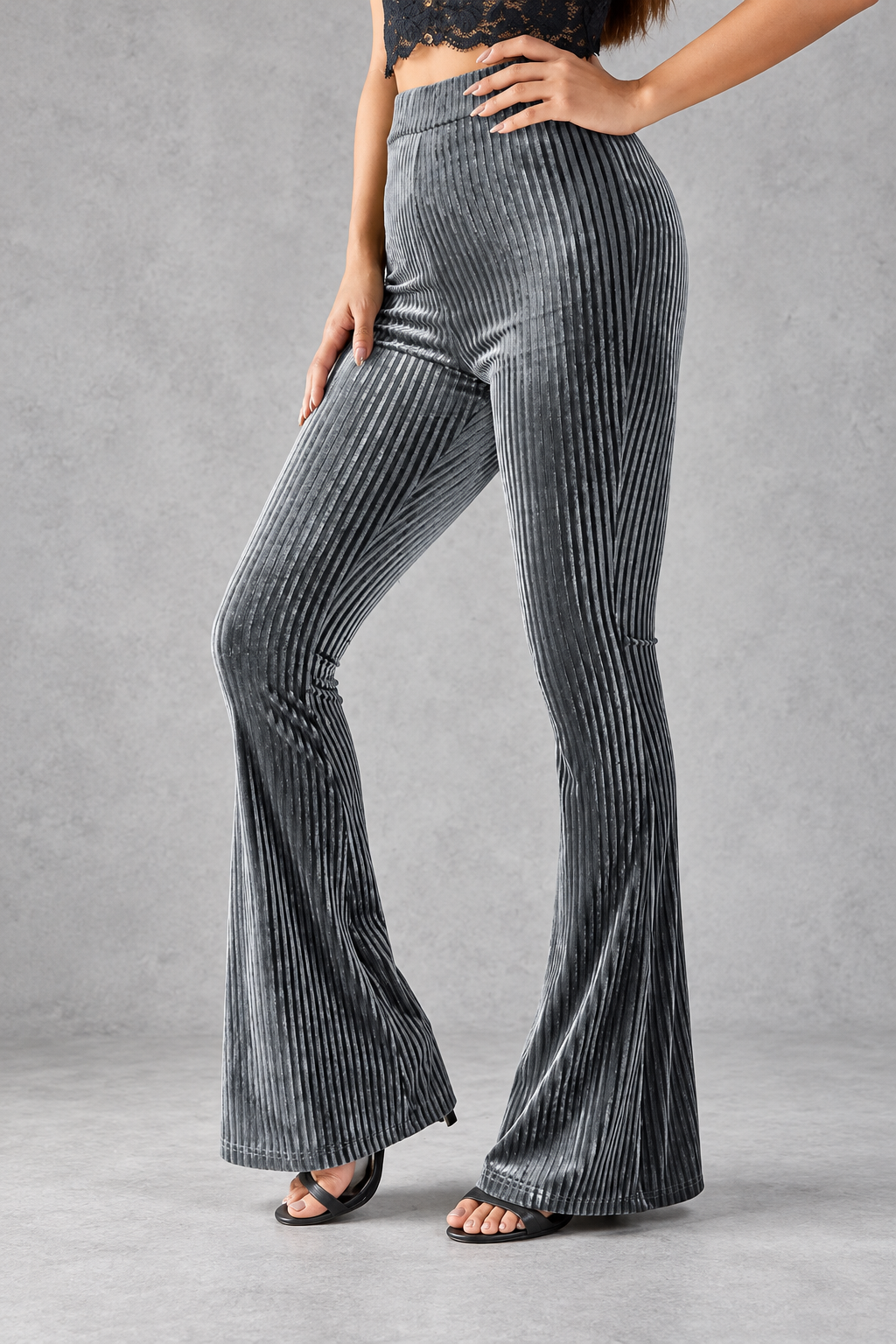Women's Velvet-Look Flared Pants – Gray