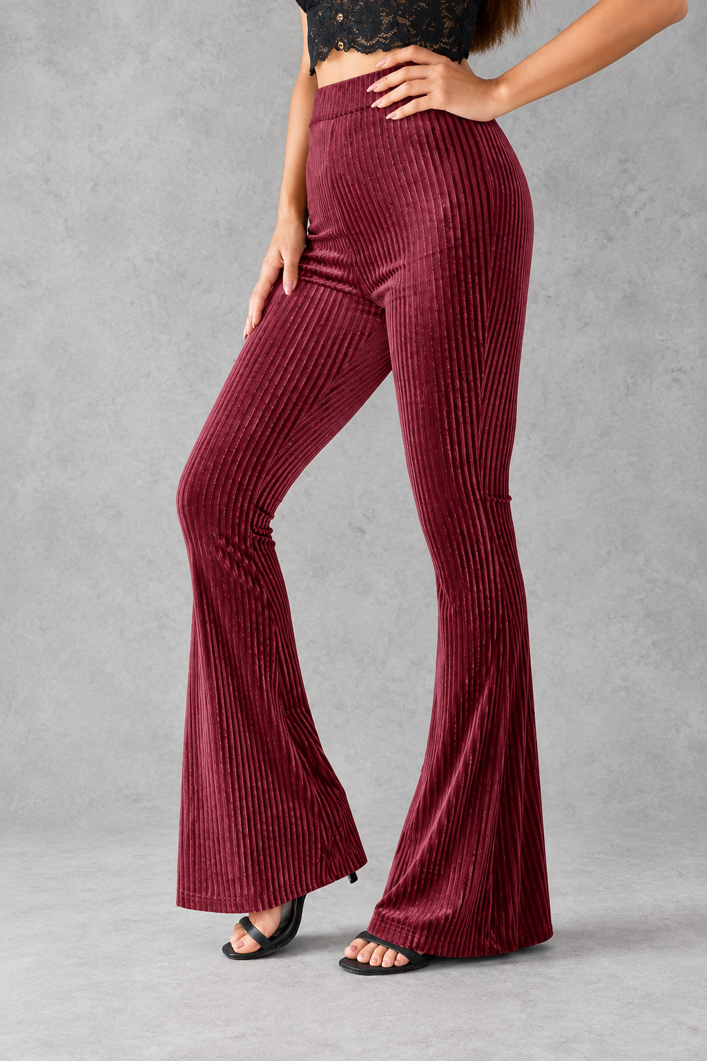 Women's Velvet-Look Flared Pants – Claret
