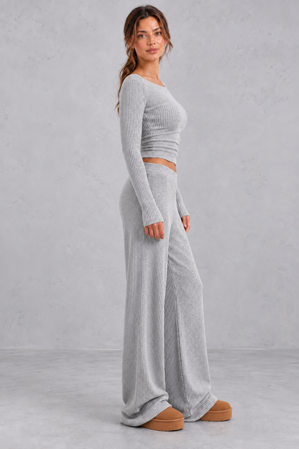 Back view of the ribbed crop top and matching pants